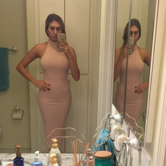 NEW Olivaceous Halter Turtleneck Bodycon Midi Dress Nude Dusty Rose Beige - Picture 5 of 7